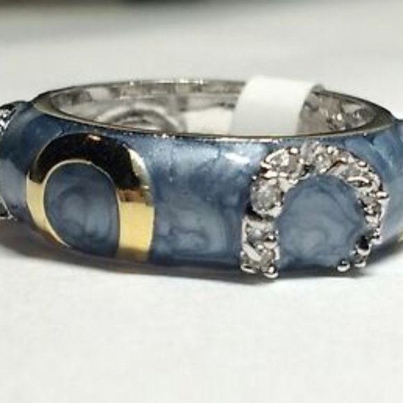 Silver Gold Blue Enamel Ring Band Size 9 Eternity Rhodium Plated Cubic Zirconia - Picture 4 of 8